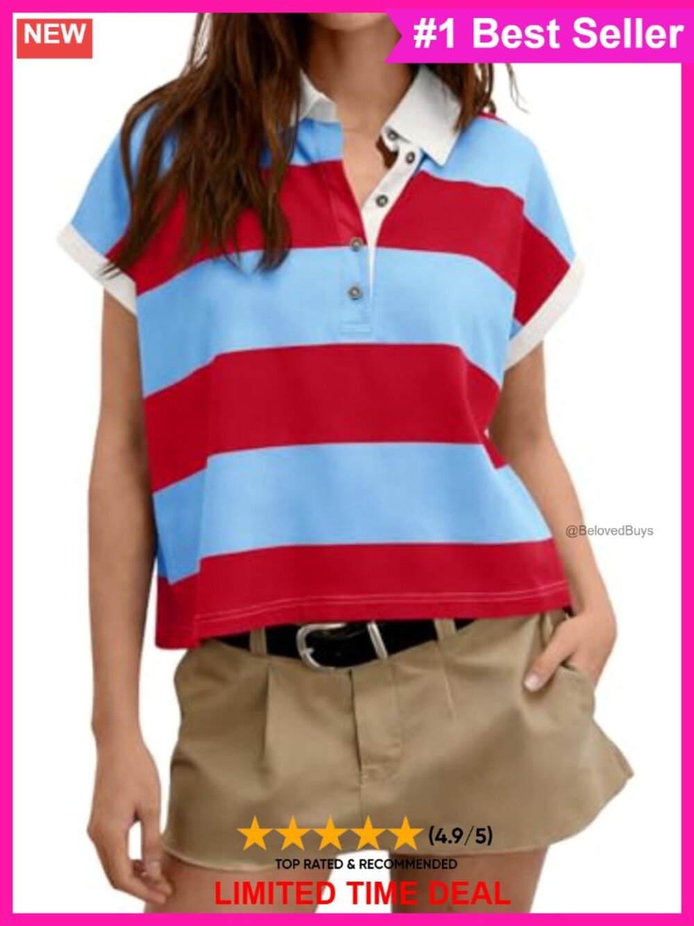 Women's Short Sleeve Striped Rugby Polo Shirt Collared V-Neck Loose Fit Top